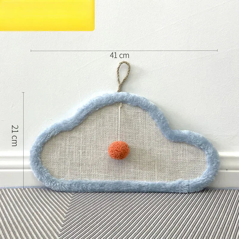 White cat scratching mat with sleeping cat pattern, natural sisal construction, wall mounted design