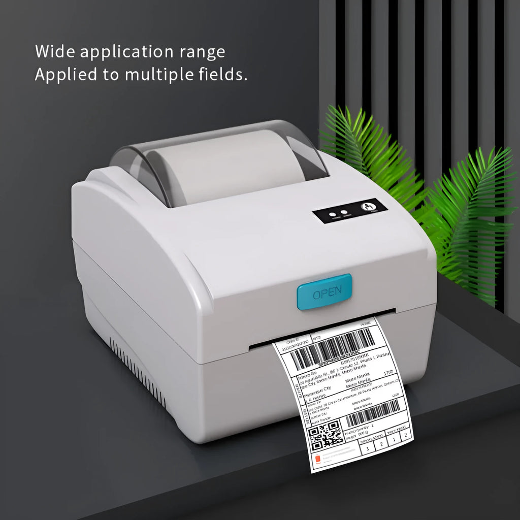 White thermal label printer with Bluetooth and USB connectivity measuring 200x160mm