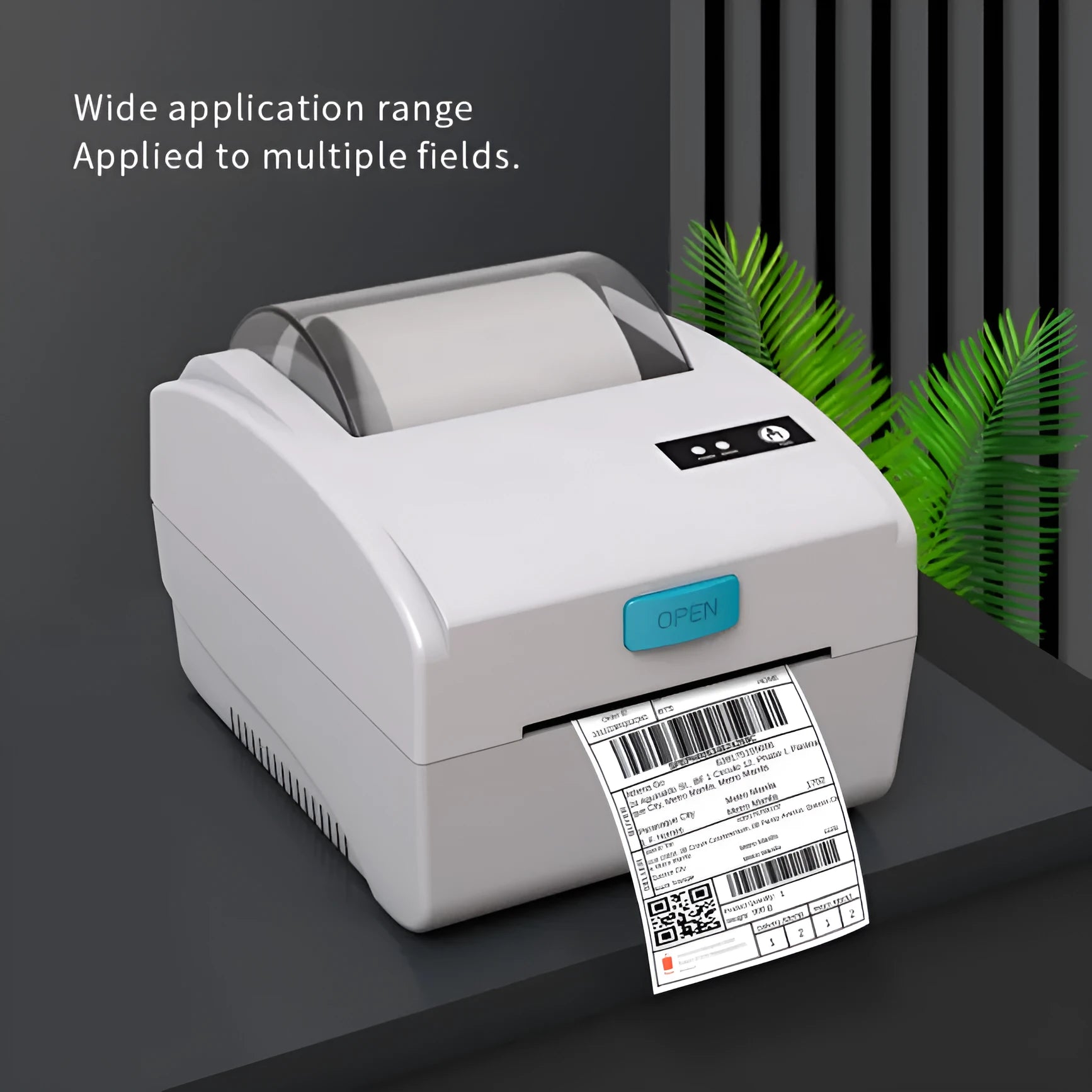 White thermal label printer with Bluetooth and USB connectivity measuring 200x160mm