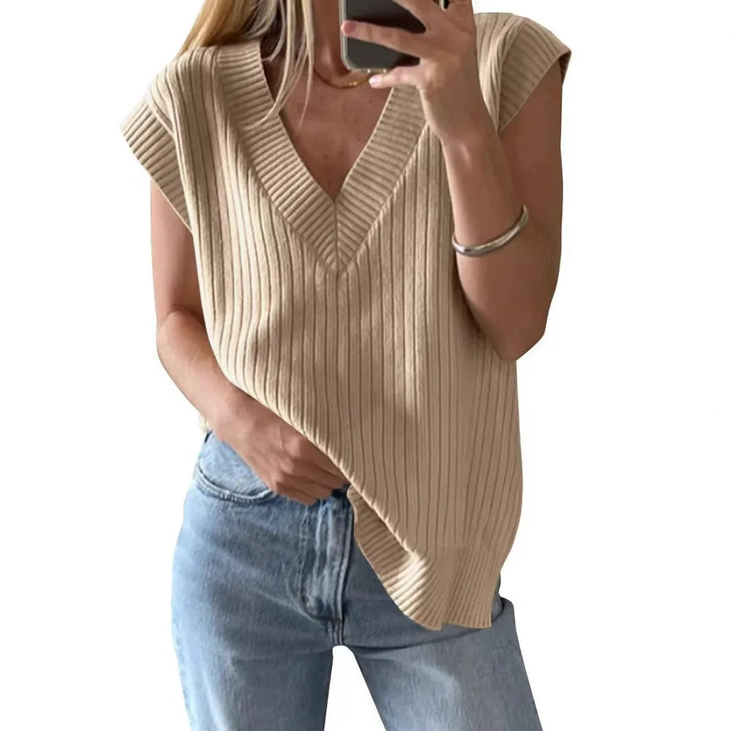 Women's V-neck sleeveless pullover vest in camel colour with loose fit design