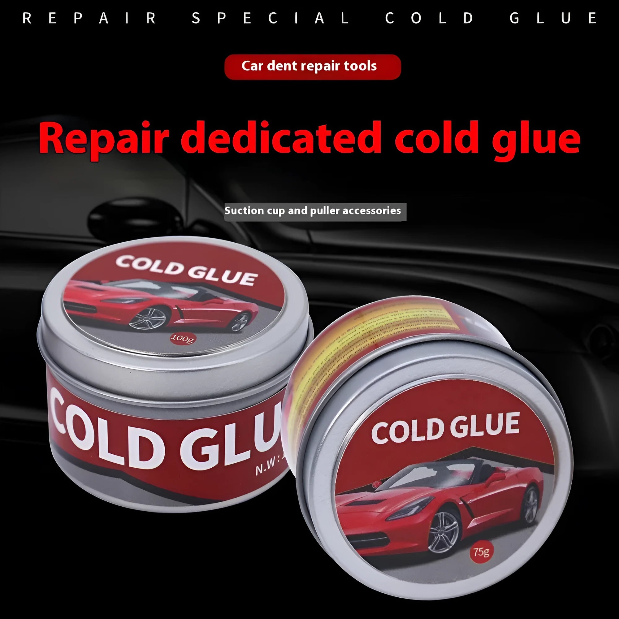 Automobile repair cold glue for dent and depression repair in 75g and 100g container sizes