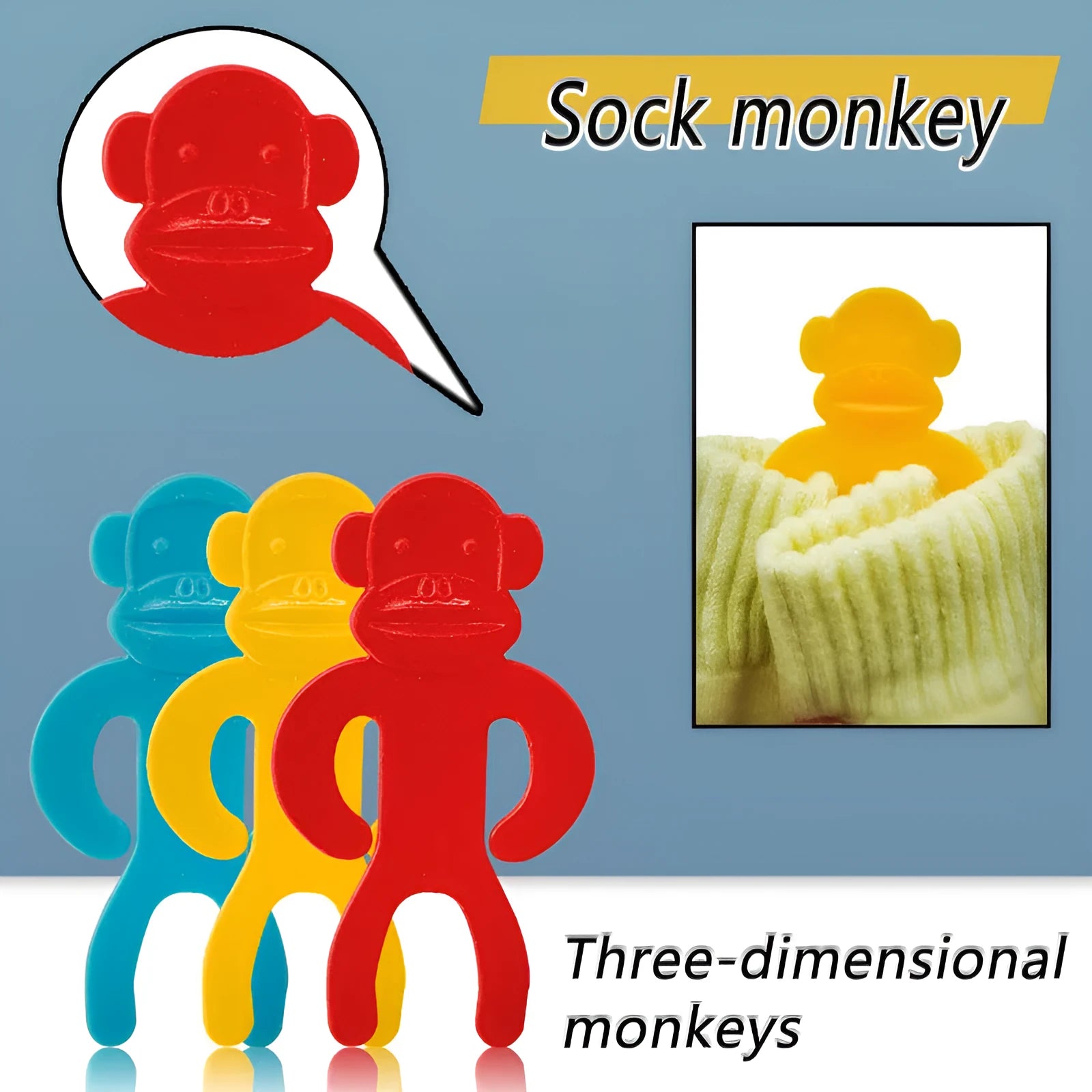 Plastic sock storage clips in blue, yellow, and red colours for organising laundry