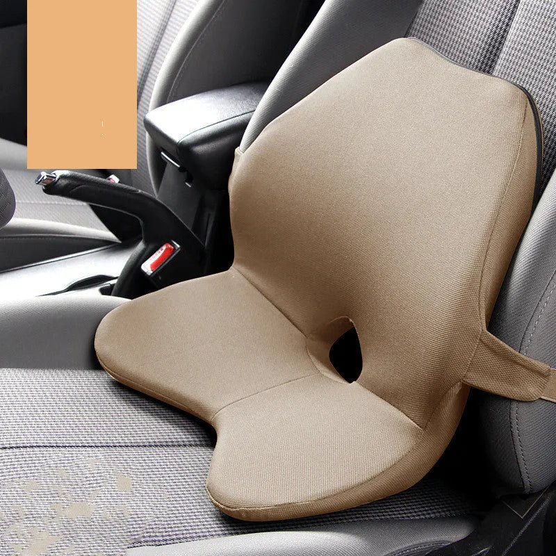 Memory foam car lumbar support cushion and a version with integrated headrest in beige colour.