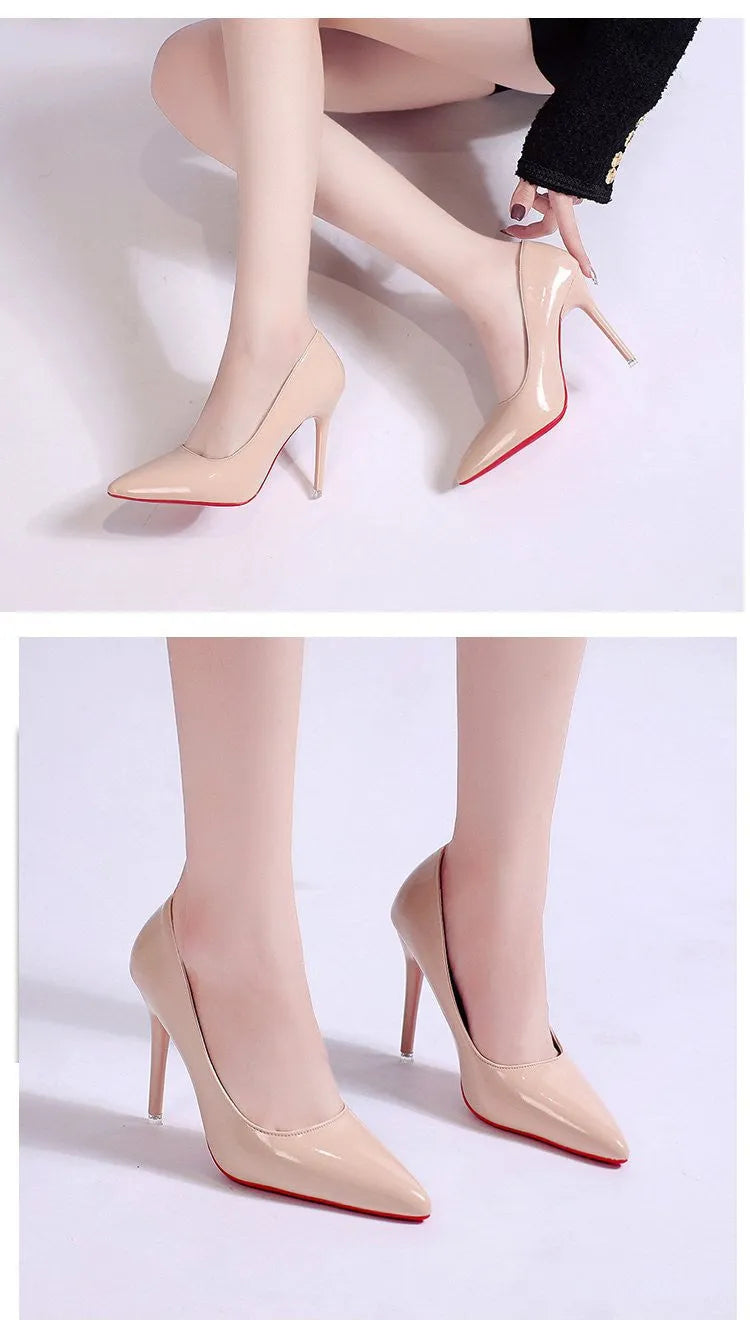 Women's solid colour stiletto heel pumps with pointed toe and shallow mouth design on a rubber sole.
