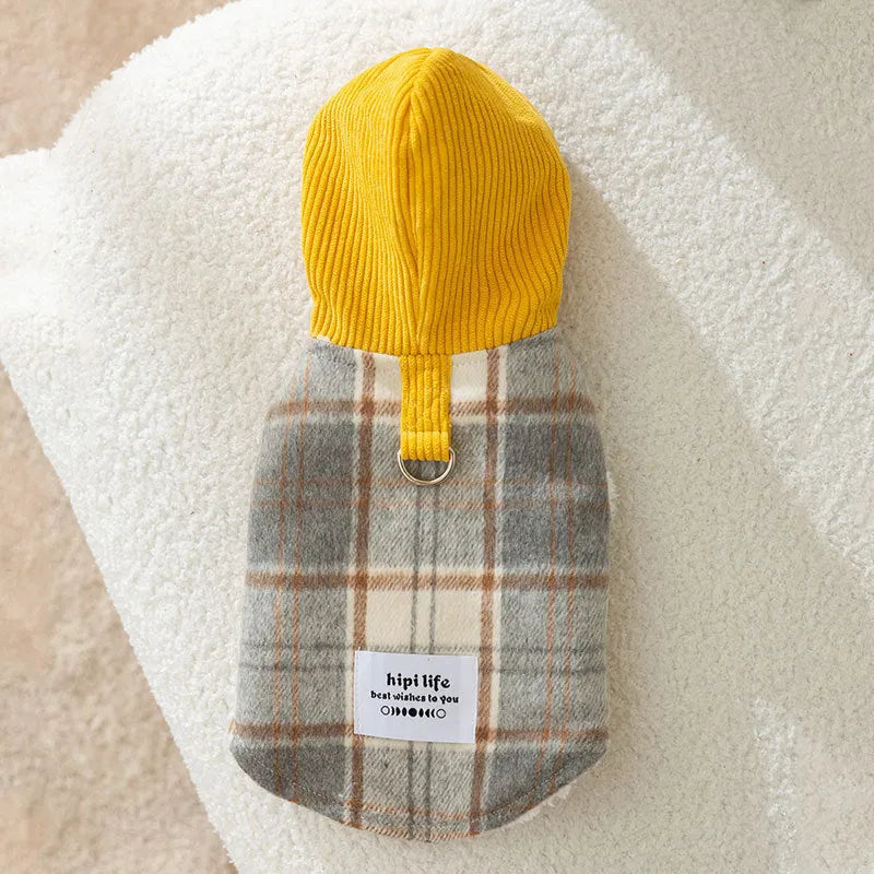 Blue corduroy chessboard grid hooded traction vest for dogs with checkered pattern and functional hood