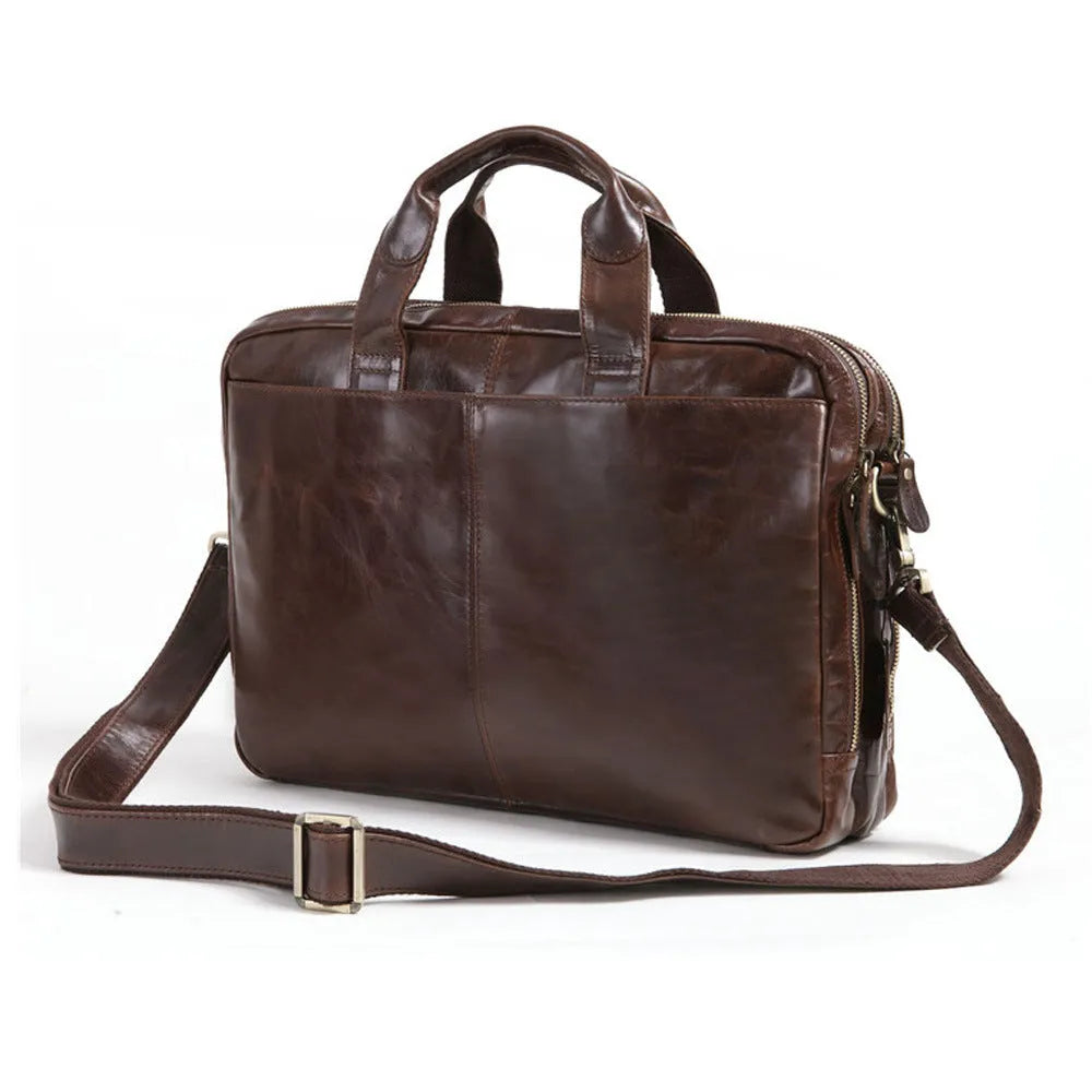 Brown 18-inch first layer cowhide business briefcase with laptop compartment and polyester cotton lining