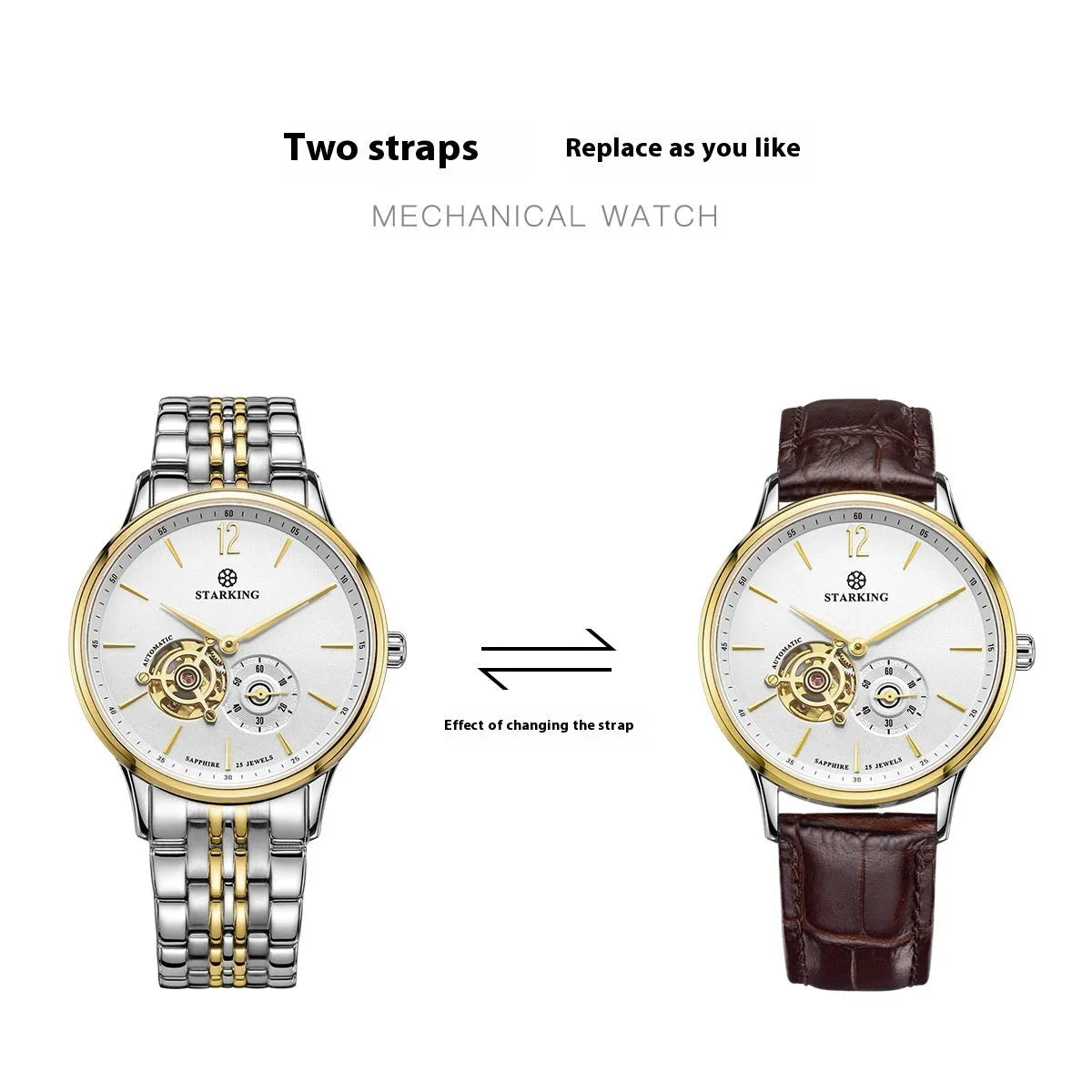 Automatic mechanical men's watch with stainless steel case, sapphire crystal glass, and brown leather strap
