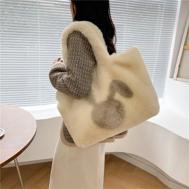 Women's plush tote bag with cartoon rabbit ears design in solid colour