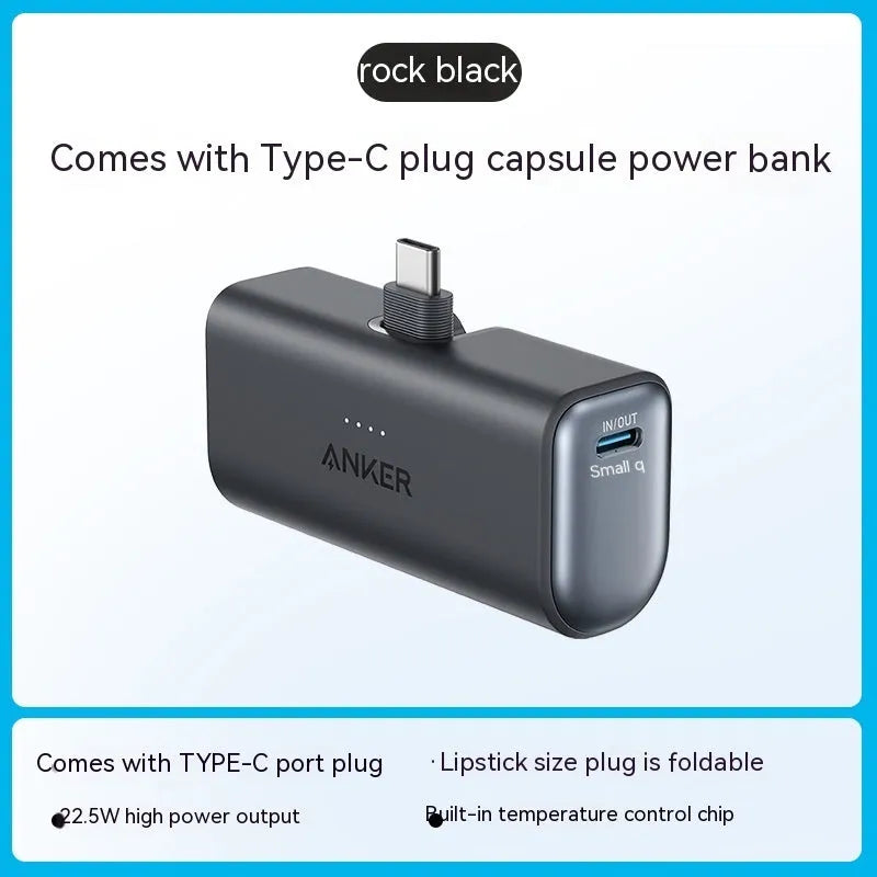 Small capsule-shaped power bank in five colours with a foldable USB-C cable attached