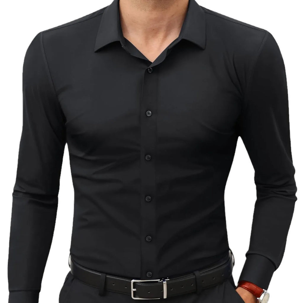 Men's long sleeve cardigan shirt in solid colour with polyester four-way stretch fabric, full elastic force construction