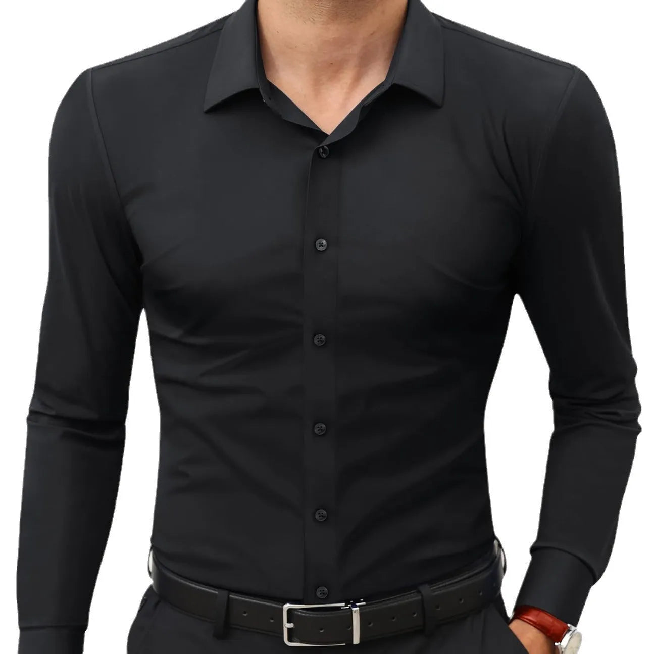 Men's long sleeve cardigan shirt in solid colour with polyester four-way stretch fabric, full elastic force construction