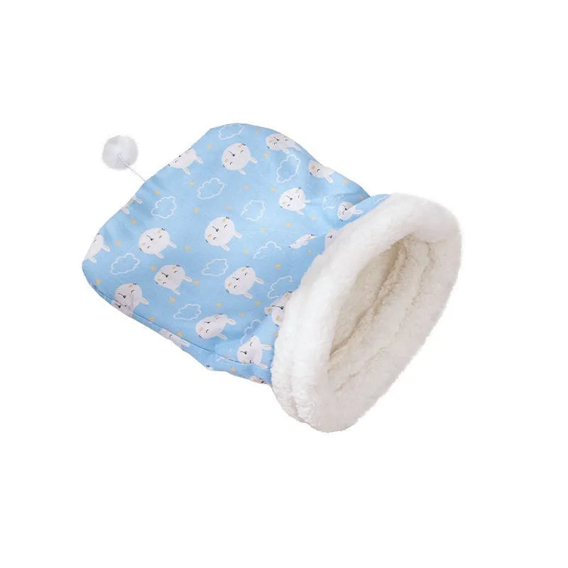 Flannel cat sleeping bag pet bed in pink Trojan pattern, 50cm by 40cm.