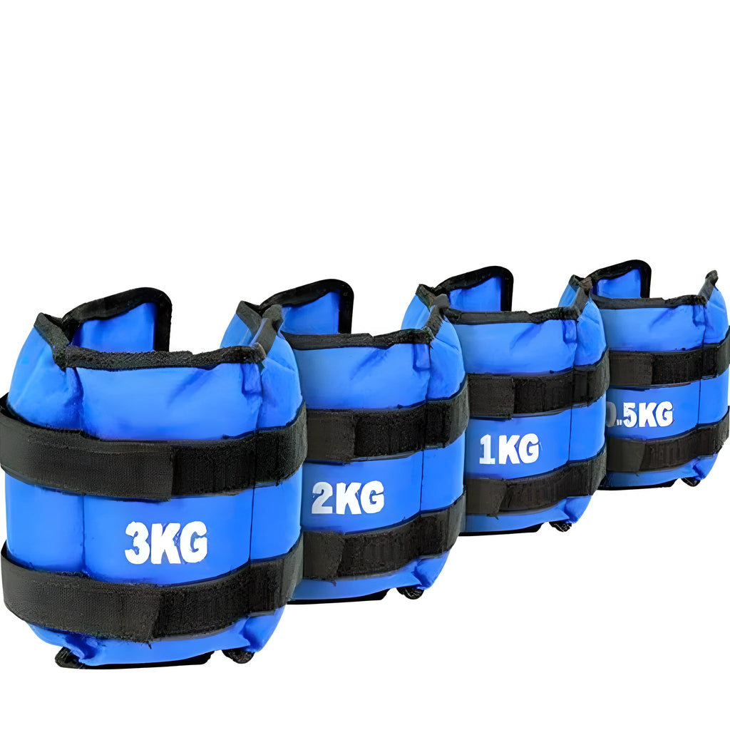 A pair of black Oxford cloth legging sandbags with straps, shown with weight options from 1kg to 6kg for athletic training.
