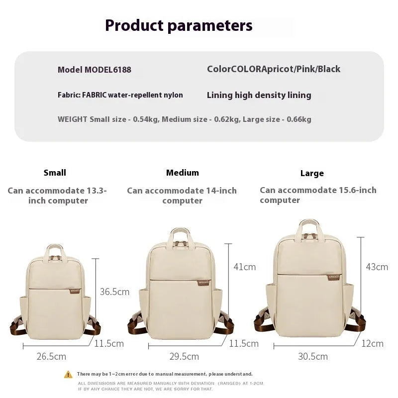 Women's canvas travel backpack in apricot colour showing multiple internal compartments including laptop section