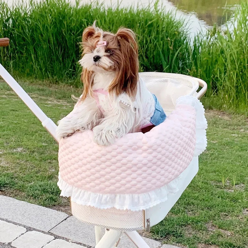 Pet stroller three-piece accessory set showing anti-dirty towel, cushion, and pillow in cotton cloth with floral pattern