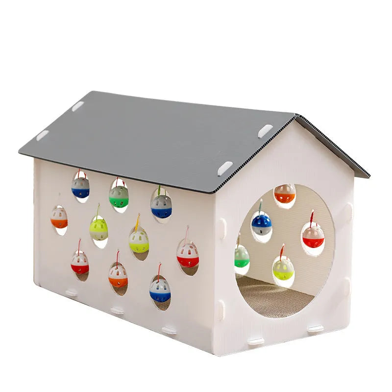 Plastic cat scratch board nest integrated toy with house design and bell ball
