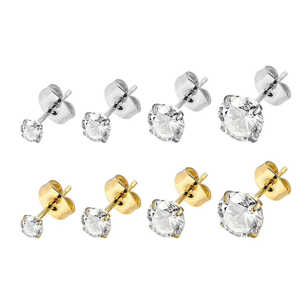 Titanium steel square geometric stud earrings with zircon stones in gold or steel colour finishes
