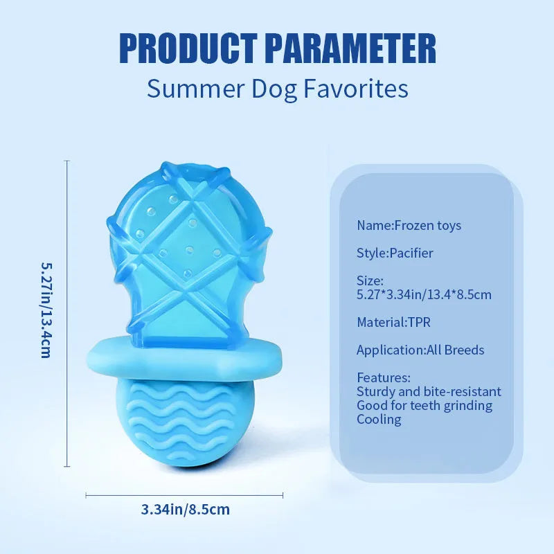 Summer ice dog cooling toy set with water-filled popsicle, pacifier, and ring chew toys