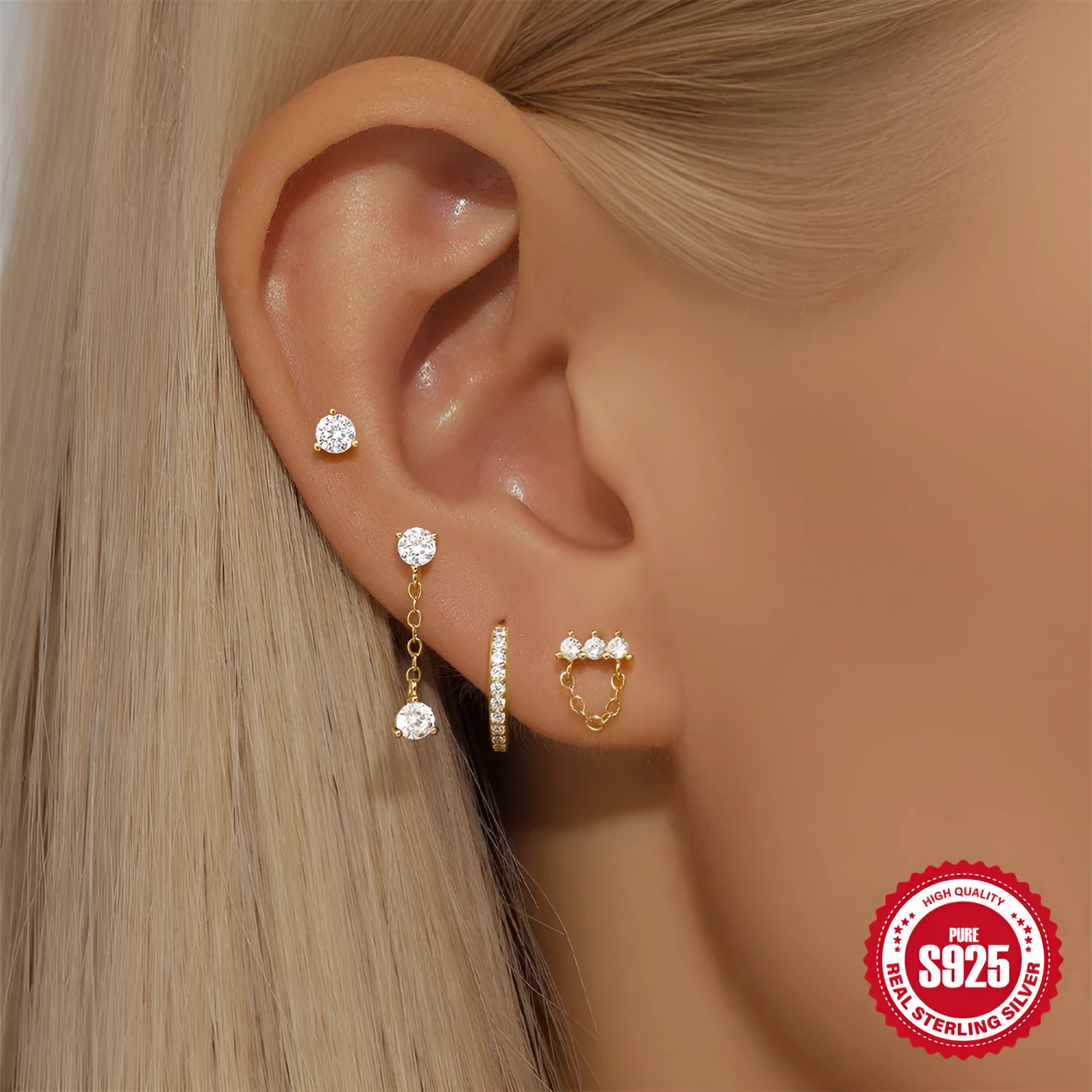 S925 sterling silver earrings with geometric clover petal design and electroplated gold finish