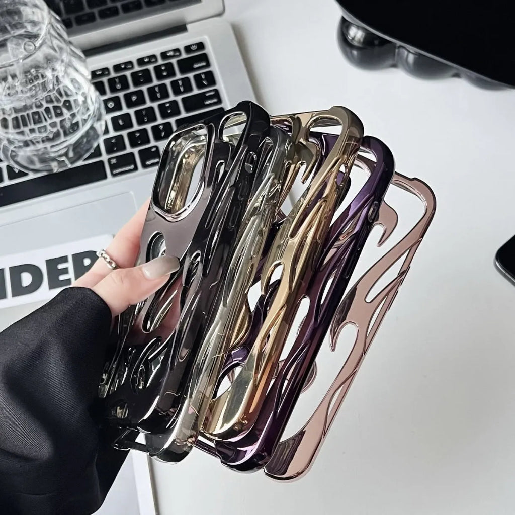 Electroplated hollow flame pattern soft TPU phone case for Apple iPhone in silver finish.