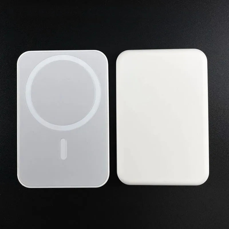 Magnetic wireless charger power bank with creative PVC design showing pink, purple, and white colour options