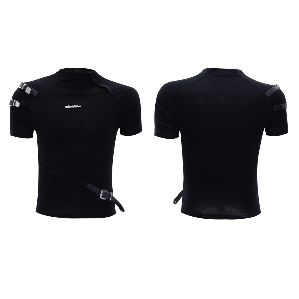 Men's slim fit black cotton short sleeve shirt with small stand-up collar and metal belt design detail