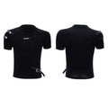 Men's slim fit black cotton short sleeve shirt with small stand-up collar and metal belt design detail