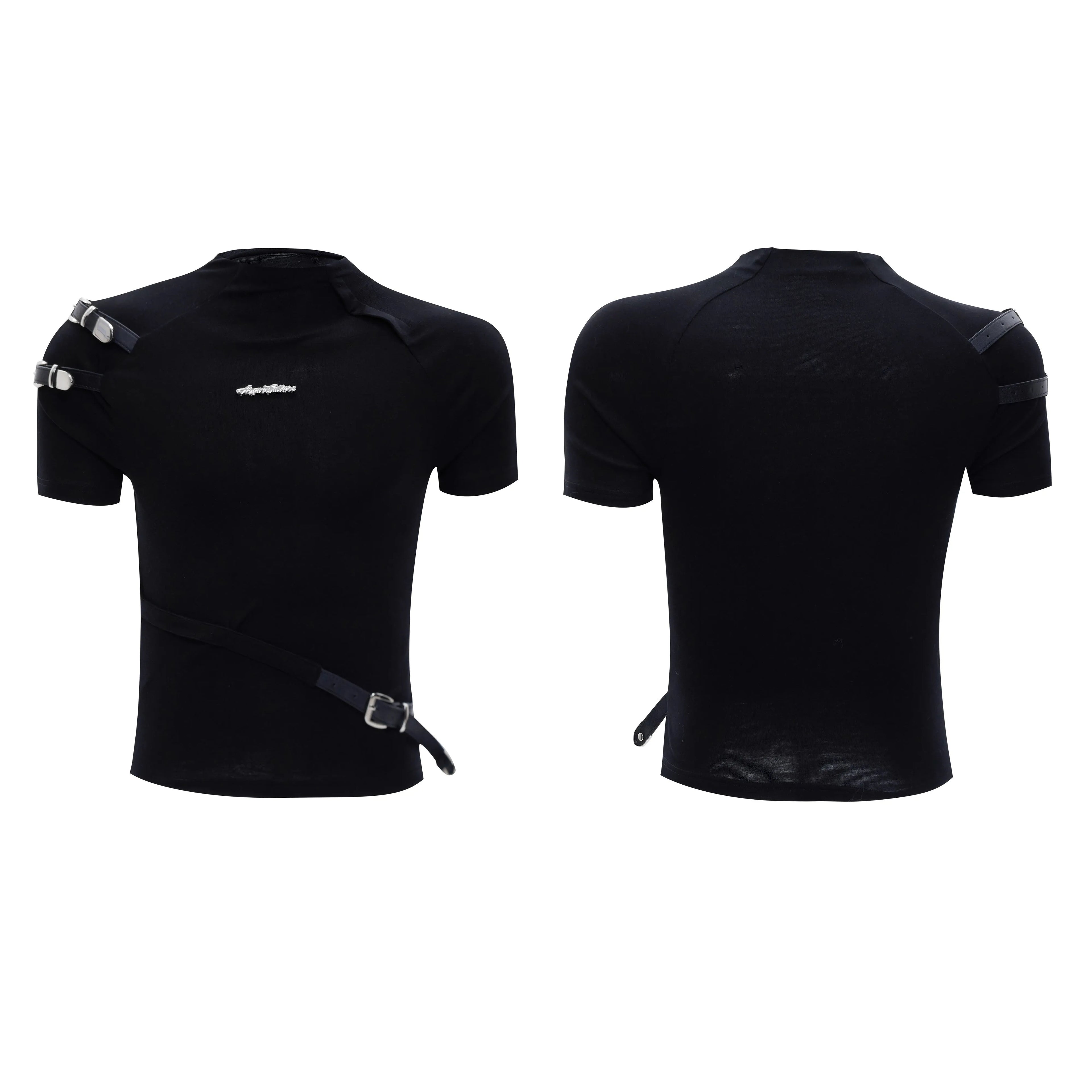 Men's slim fit black cotton short sleeve shirt with small stand-up collar and metal belt design detail
