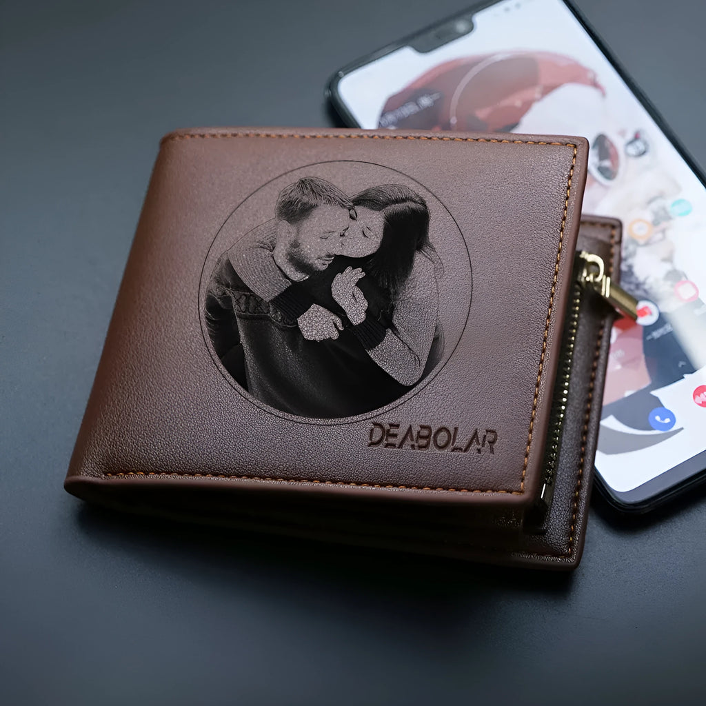 Men's brown leather wallet with a silver zip closure, shown closed and ready for gifting.
