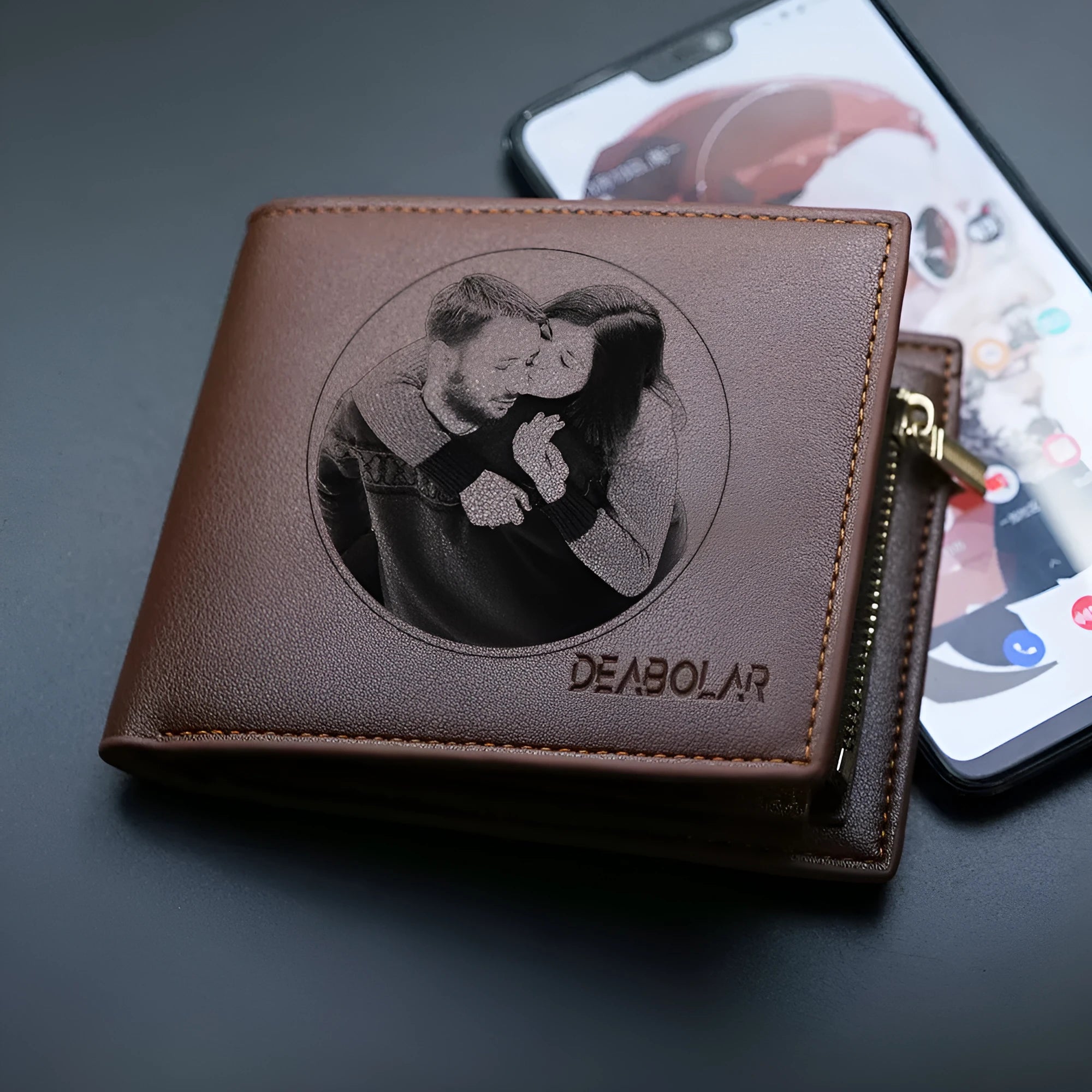 Men's brown leather wallet with a silver zip closure, shown closed and ready for gifting.