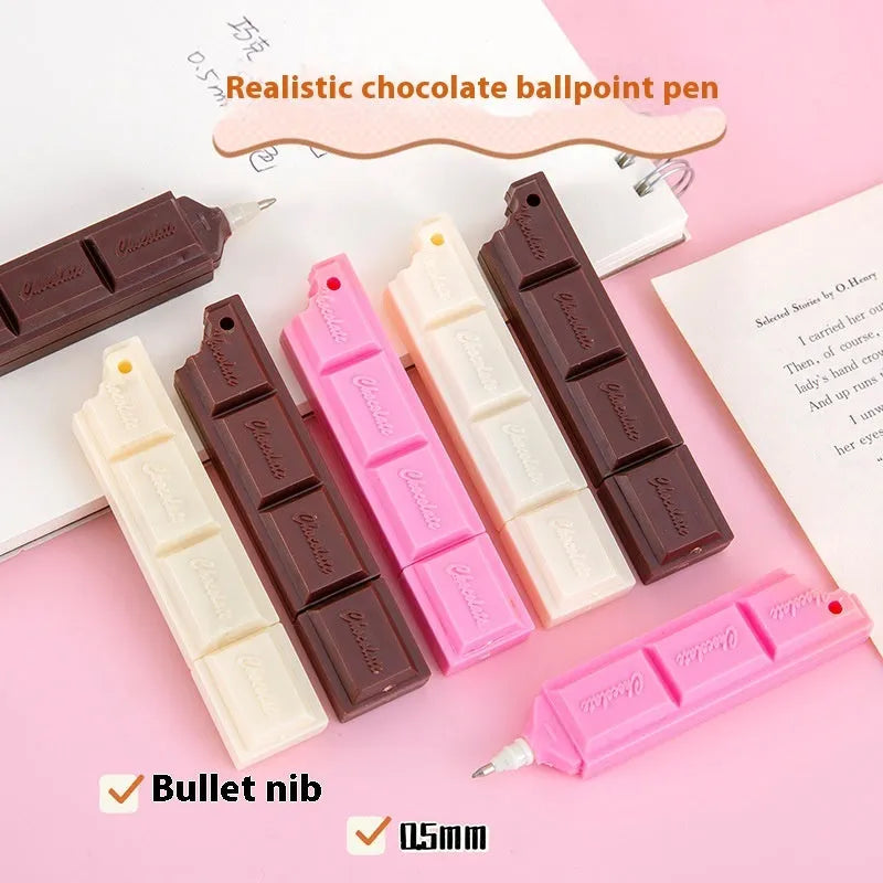 Chocolate-themed ballpoint pen with cartoon food design showing 0.5mm bullet tip