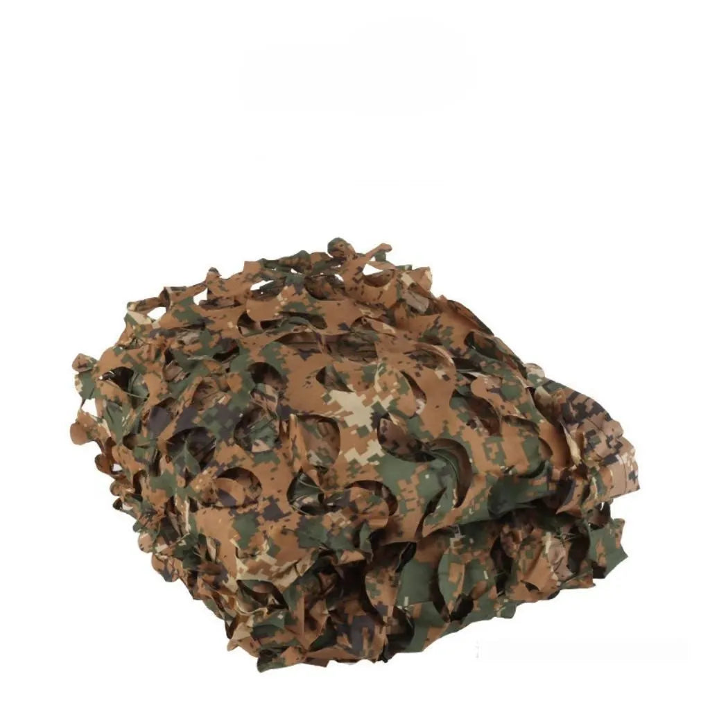 Green camouflage net cover deployed as a sunshade with desert pattern detail