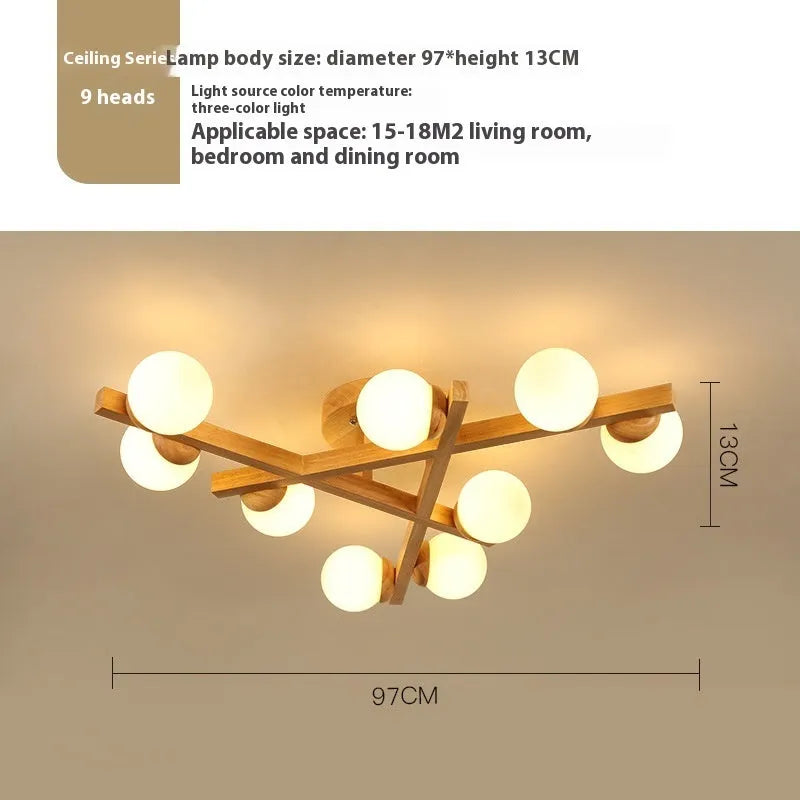 Wooden style Scandinavian three-head ceiling light with flush mount installation