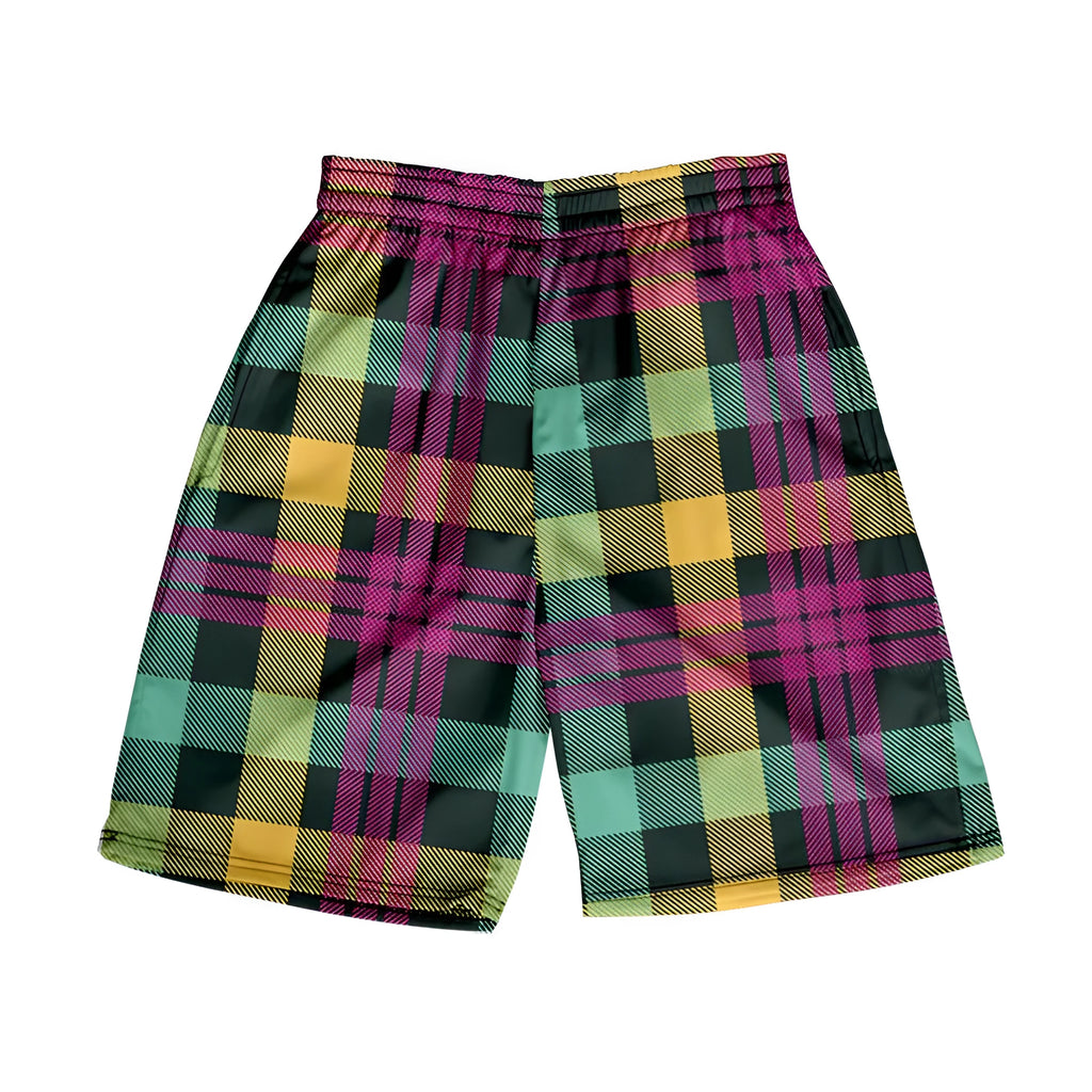 Men's straight-leg plaid casual shorts in polyester fabric, available in multiple colours.