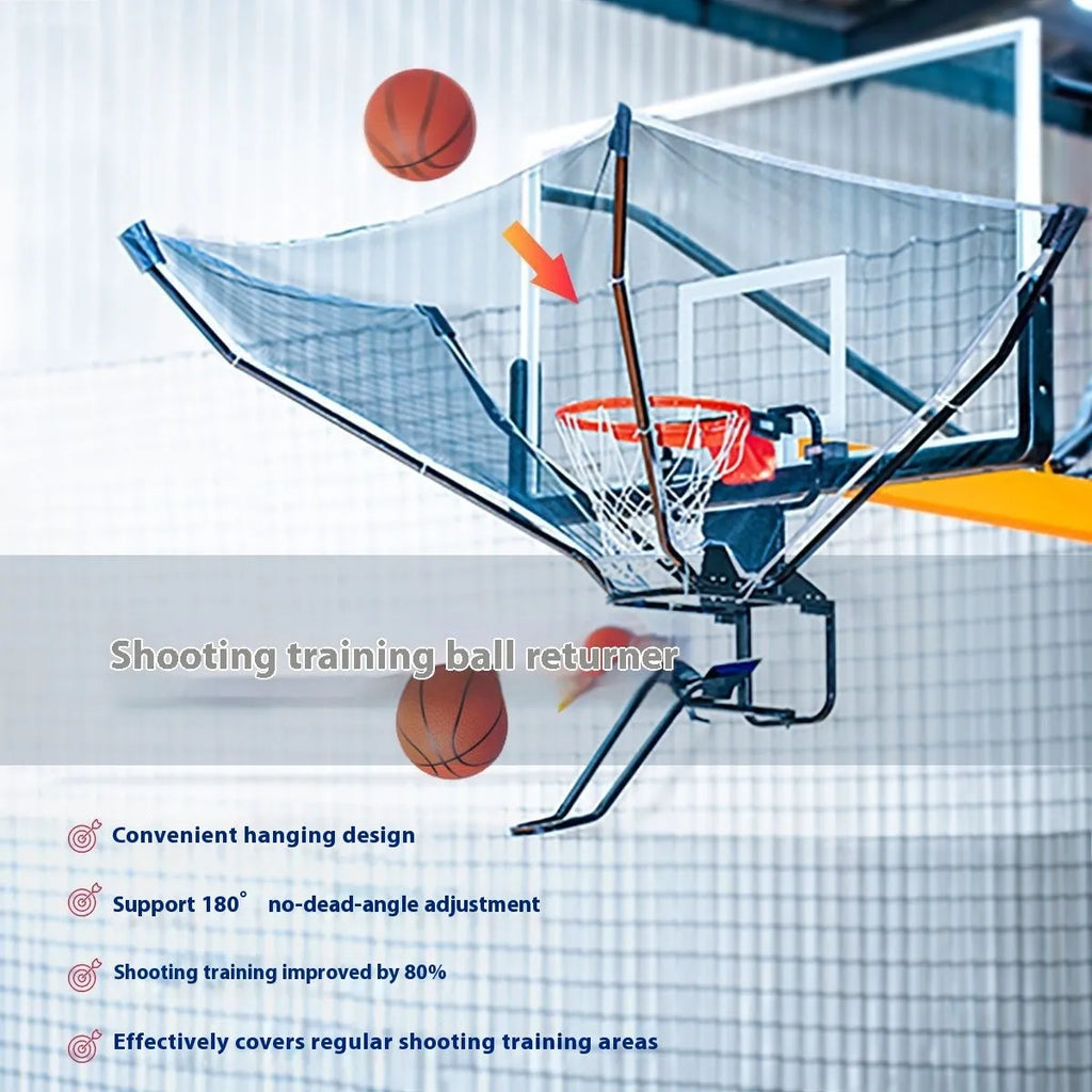 Basketball training ball return device hanging from hoop with cowhide and iron construction