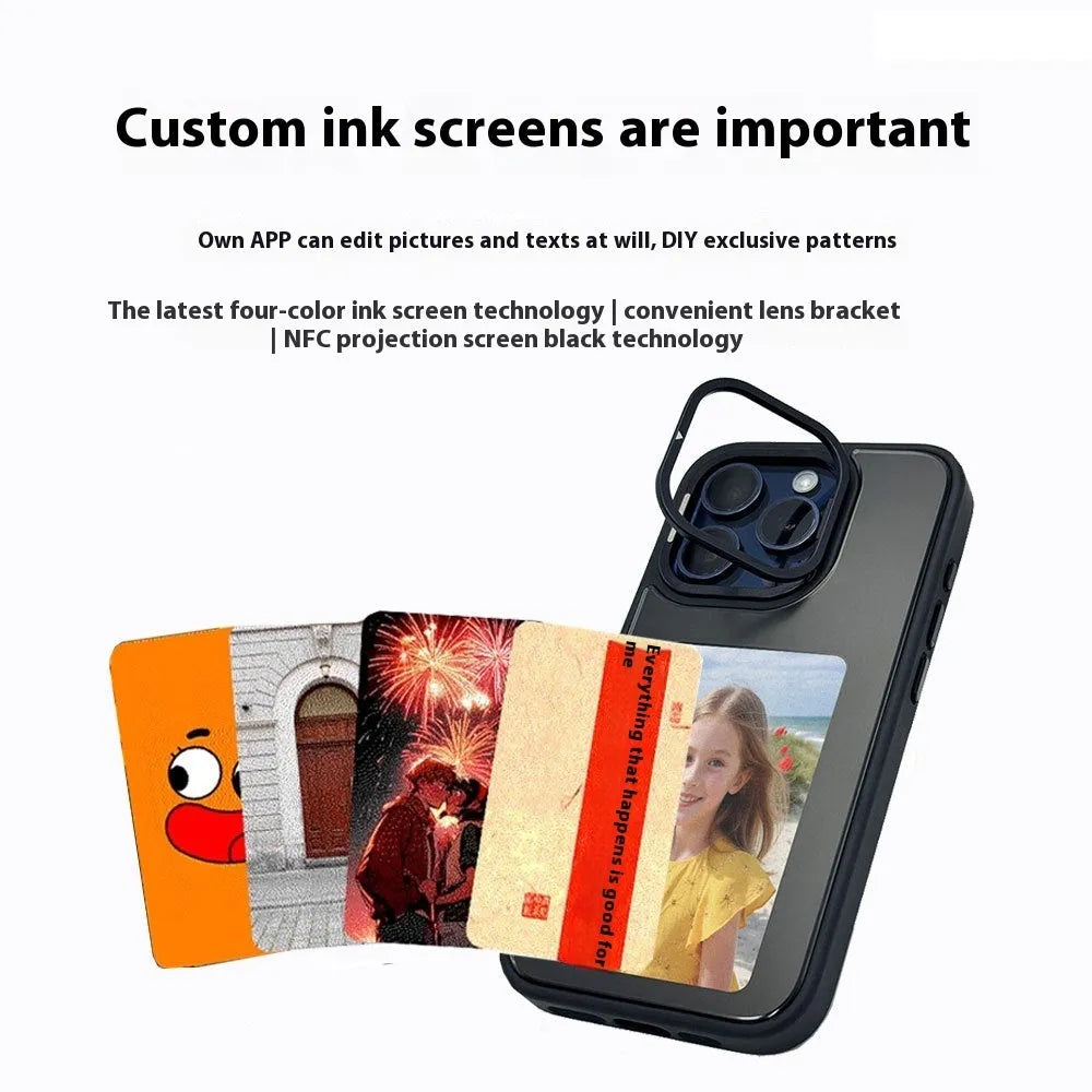 NFC projection screen four-colour e-ink bracket phone case for iPhone in graphite black, pink, or green.