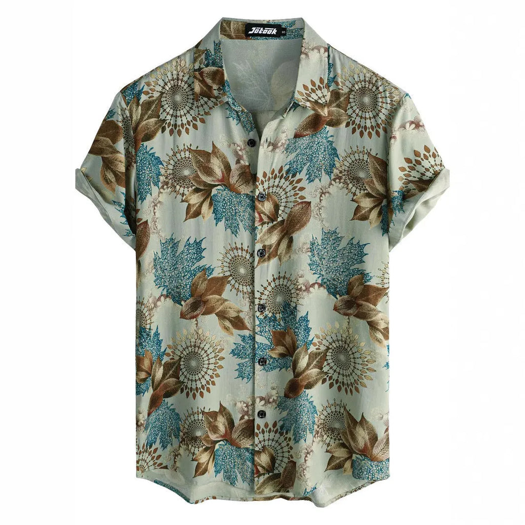 Man's short sleeve Hawaiian floral print shirt with a cardigan lapel, shown in one of 17 available colours.