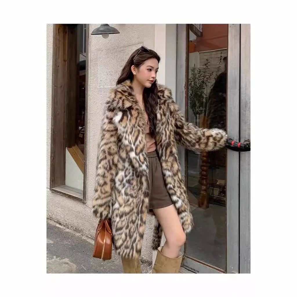Women's artificial fur coat with fur collar in street fashion style showing mid-length and long options