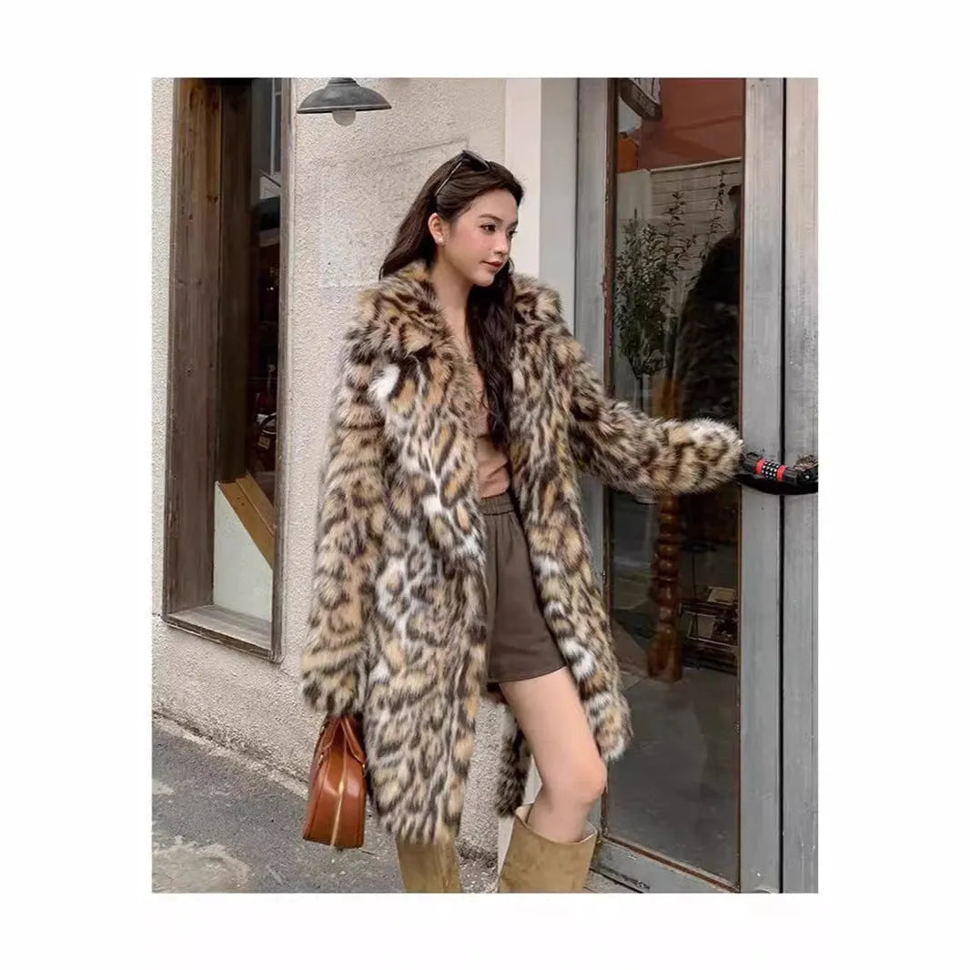 Women's artificial fur coat with fur collar in street fashion style showing mid-length and long options