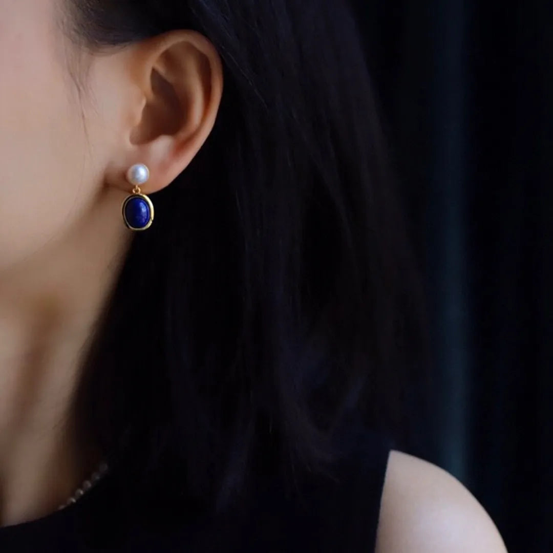 Lapis lazuli pearl drop earrings in 925 silver with auspicious patterns