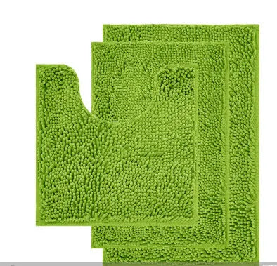 Chenille long hair three-piece bathroom carpet set with U-shaped toilet mat in green.