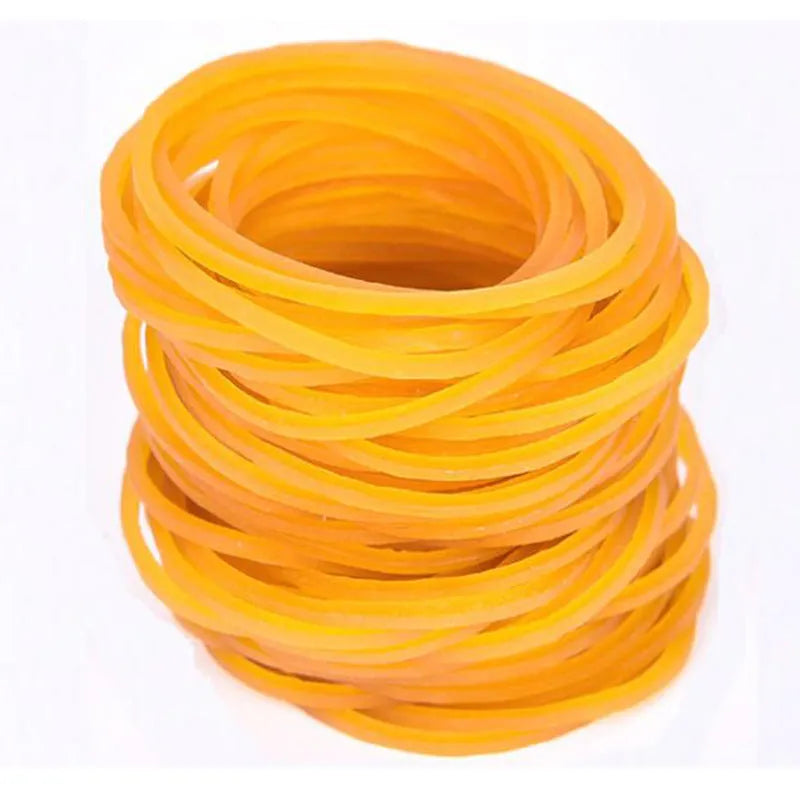 500g bulk pack of assorted yellow rubber bands in diameters from 16mm to 70mm.