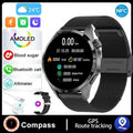 Black Bluetooth smartwatch with touch screen showing fitness stats, with silicone and Milan metal strap options.