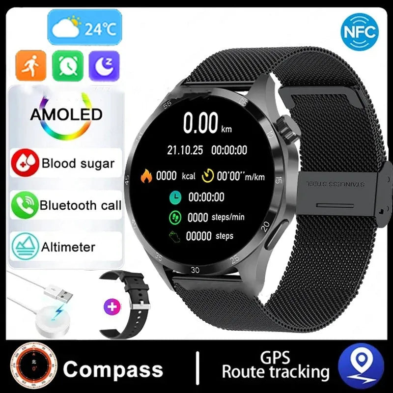 Black Bluetooth smartwatch with touch screen showing fitness stats, with silicone and Milan metal strap options.