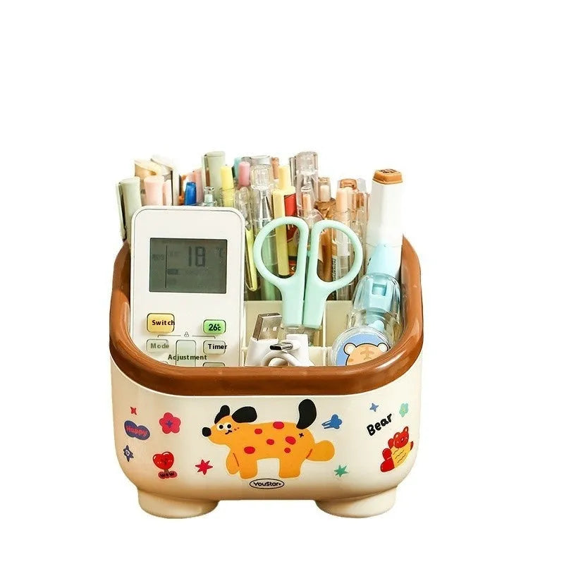 Red and brown cartoon-style plastic desktop storage organiser with grid compartments.