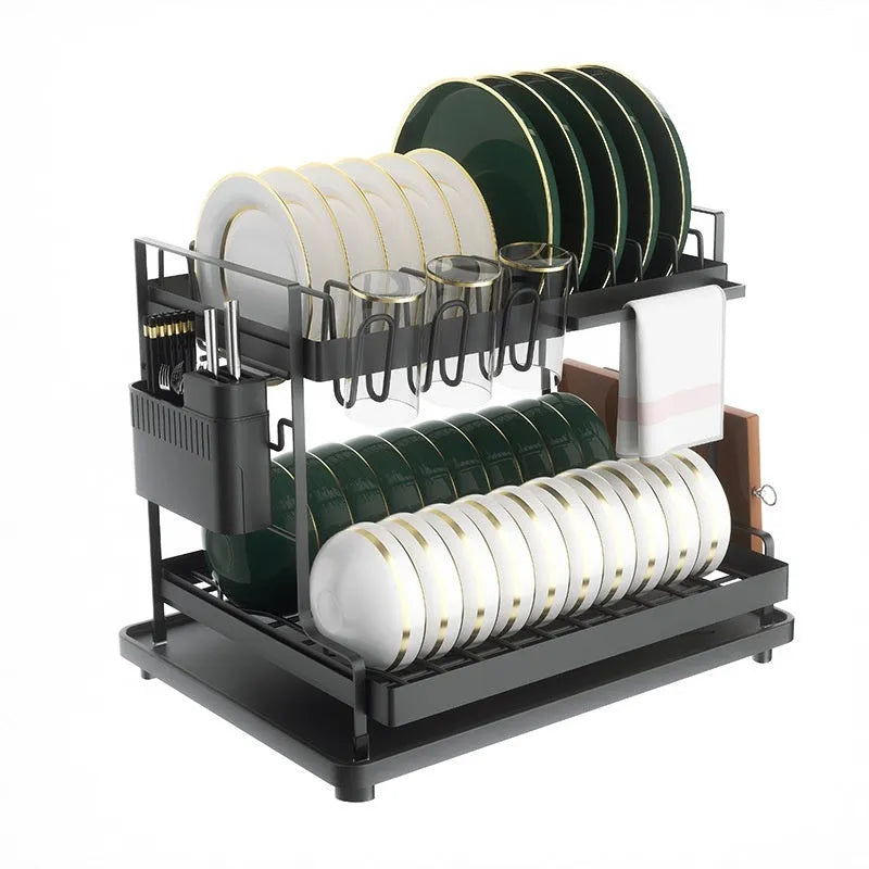 White and black double-layer kitchen storage rack with removable draining section