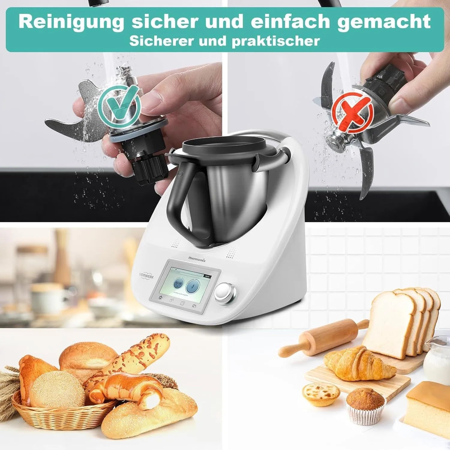 Stainless steel dough knife with ceramic blade for Thermomix TM6 and TM5 food processors.