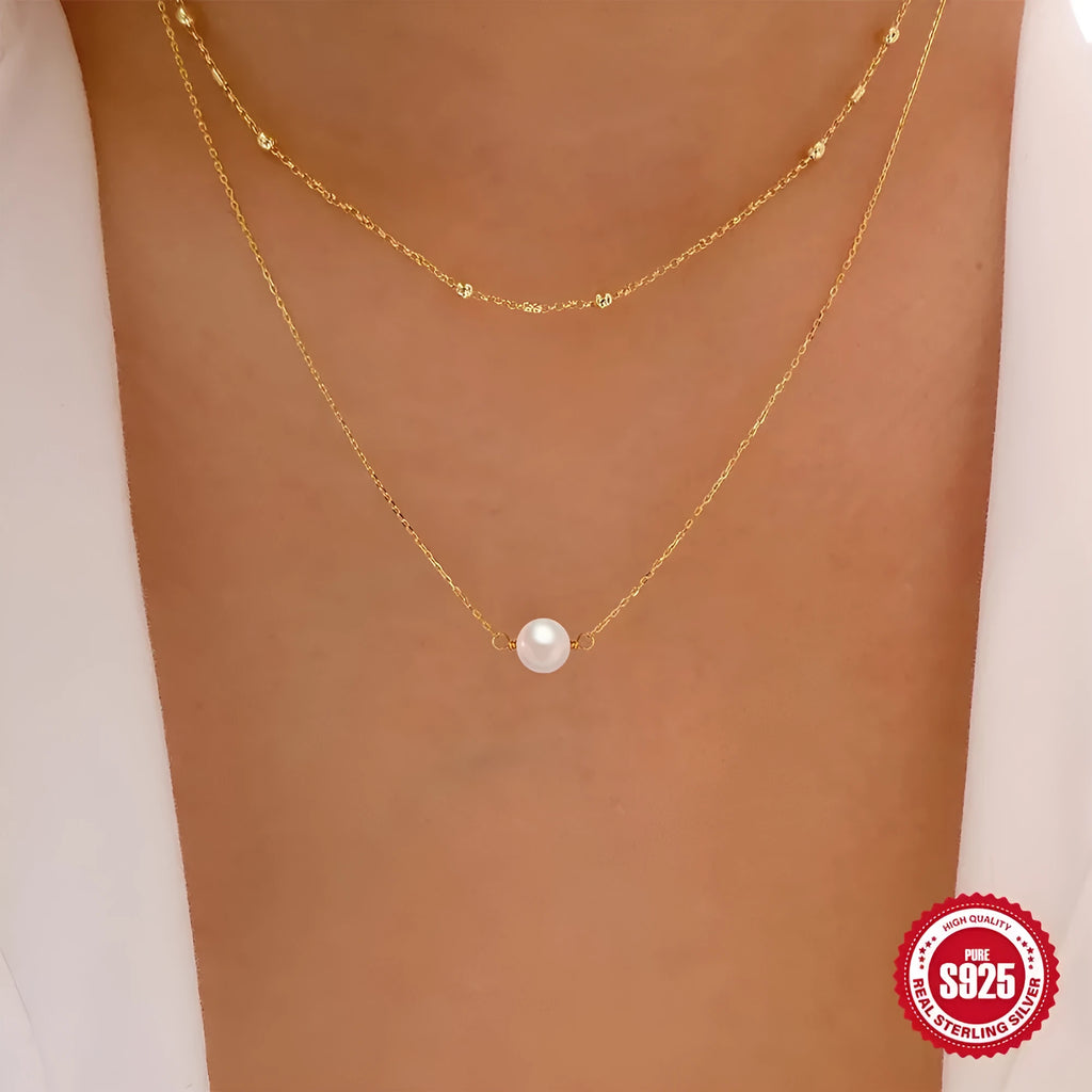 S925 sterling silver double layer women's necklace with twin pearls and geometric pendant on ball bead chain.