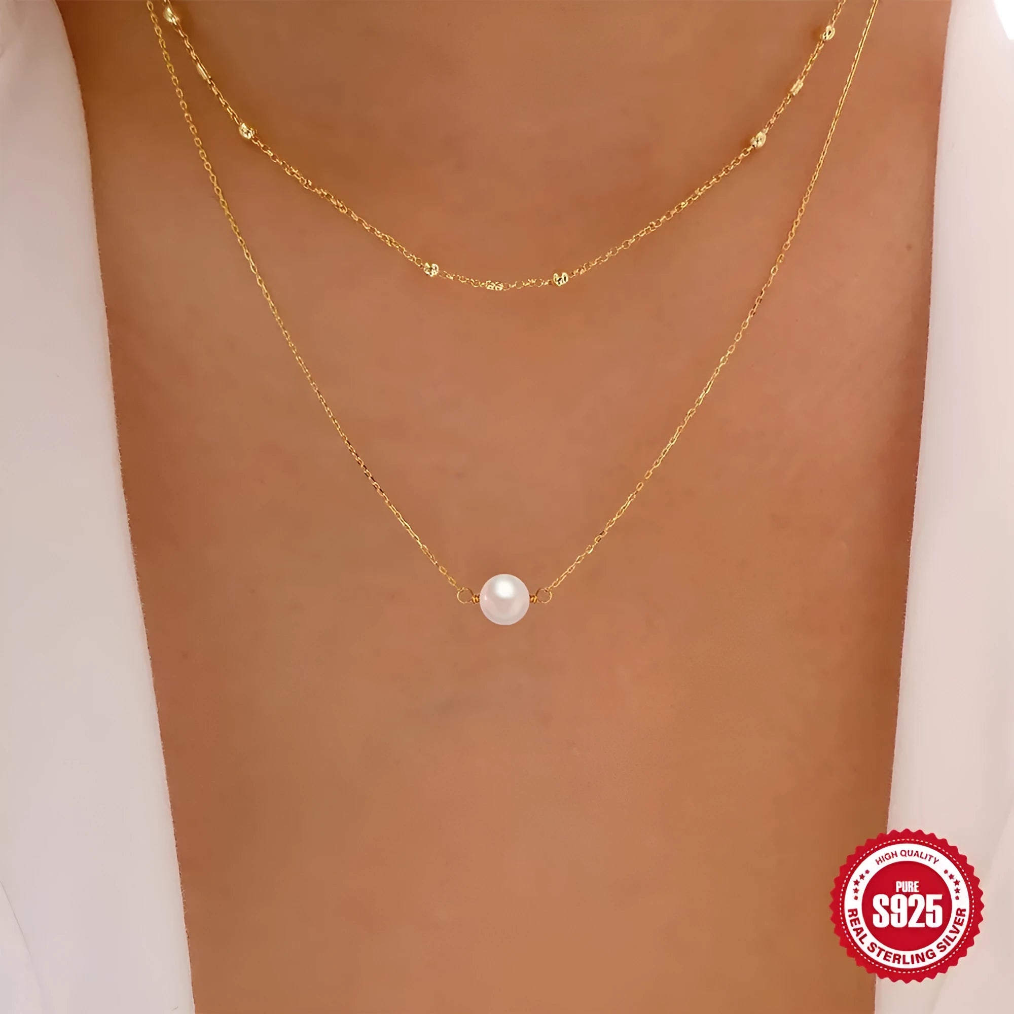 S925 sterling silver double layer women's necklace with twin pearls and geometric pendant on ball bead chain.