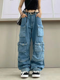 Women's high waist wide leg tie-dyed jeans with multiple pockets in street hipster style